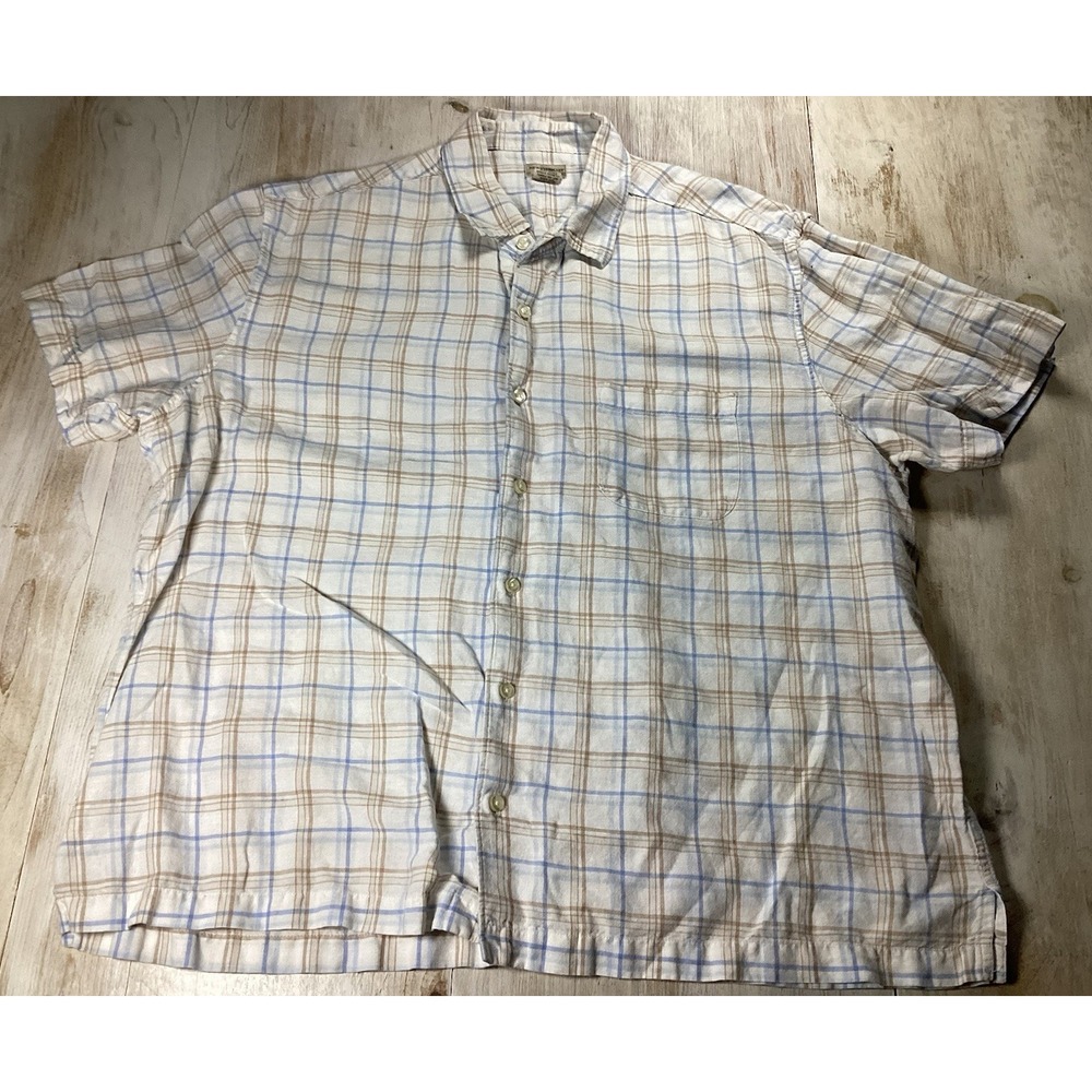 White With Blue And Brown Plaid Button Up Linen Cotton‎ Blend Men's XXL